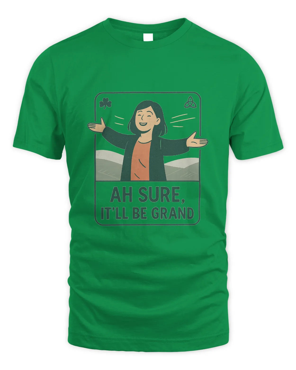 Green T-shirt with front graphic of a smiling woman holding shamrock signs