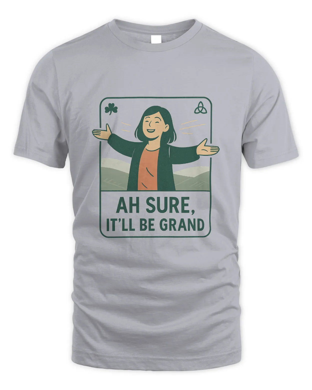 Light gray T-shirt with front graphic of a smiling woman holding shamrock signs