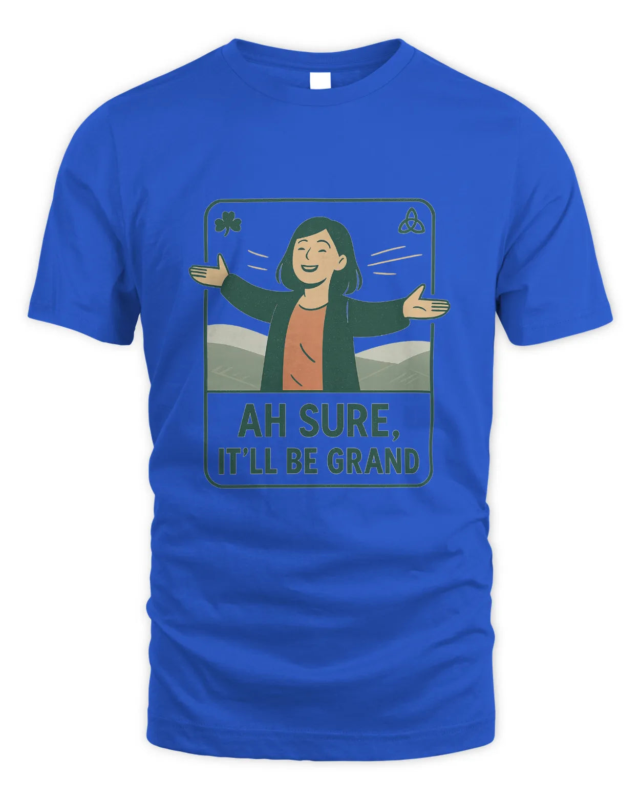Royal blue T-shirt with front graphic of a smiling woman holding shamrock signs
