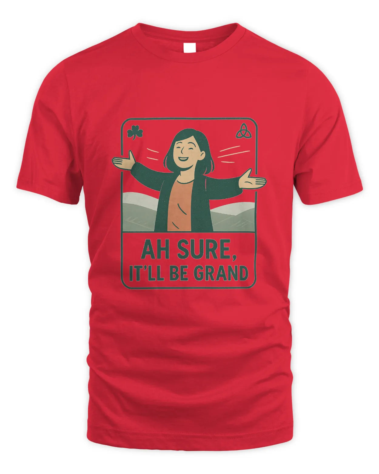 Red T-shirt with front graphic of a smiling woman holding shamrock signs