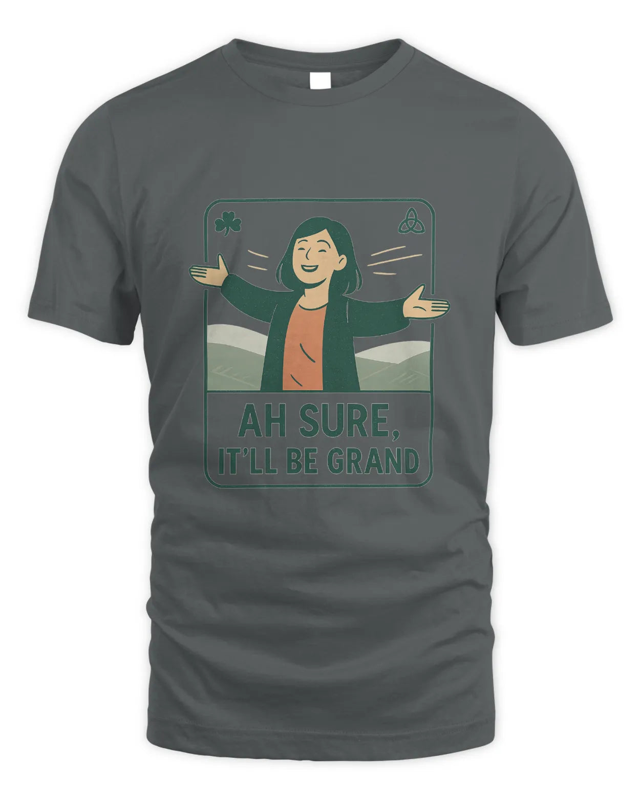 Charcoal T-shirt with front graphic of a smiling woman holding shamrock signs