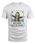 White T-shirt with front graphic of a smiling woman holding shamrock signs