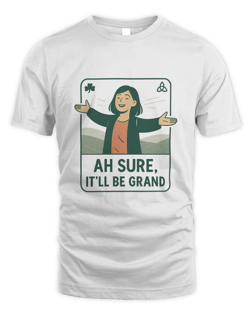 White T-shirt with front graphic of a smiling woman holding shamrock signs