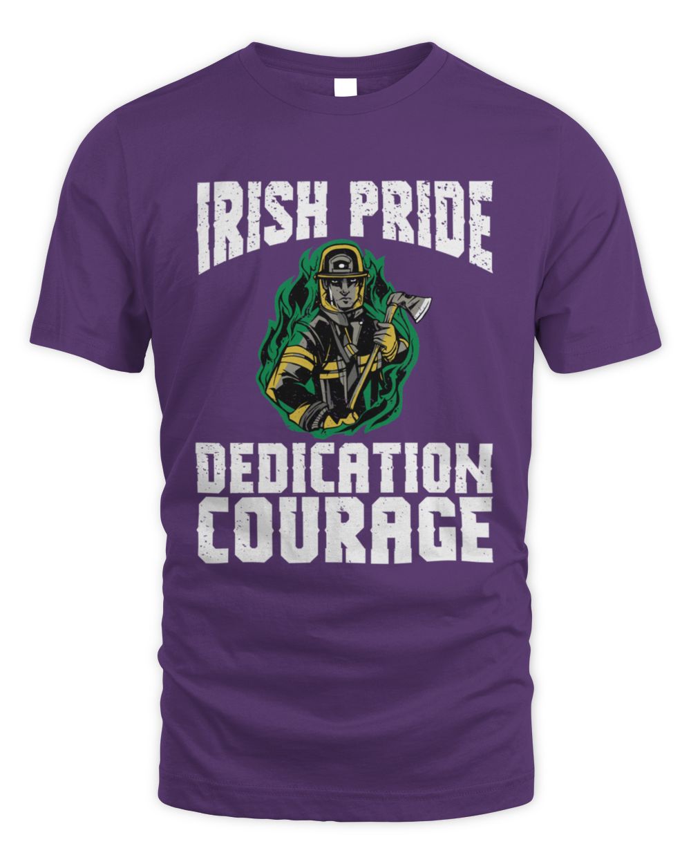 Purple crewneck T-shirt with Irish Pride Dedication Courage graphic and mascot logo