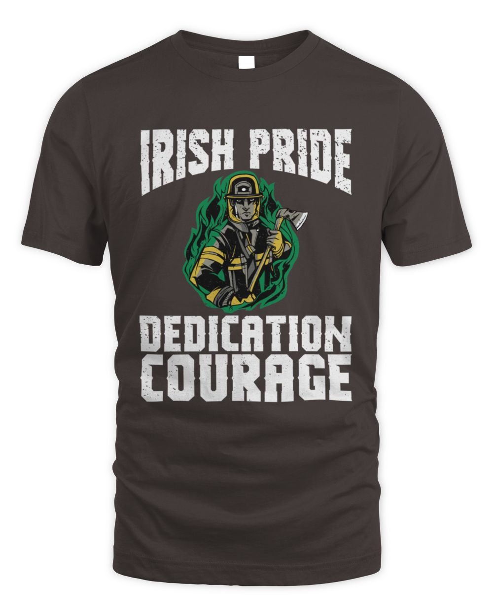 Dark chocolate crewneck T-shirt with Irish Pride Dedication Courage graphic and mascot logo