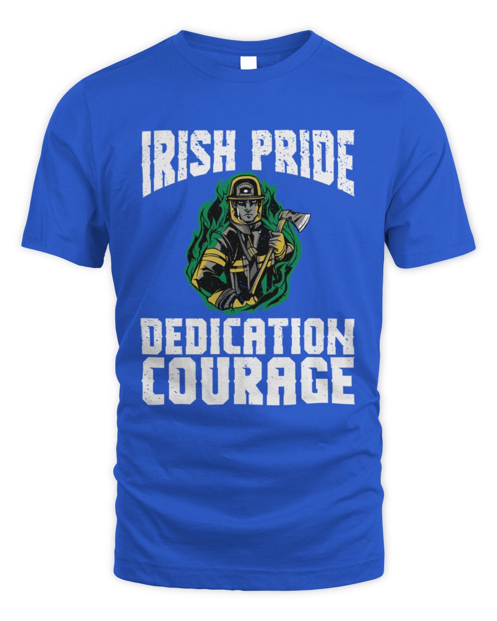 Royal blue crewneck T-shirt with Irish Pride Dedication Courage graphic and mascot logo