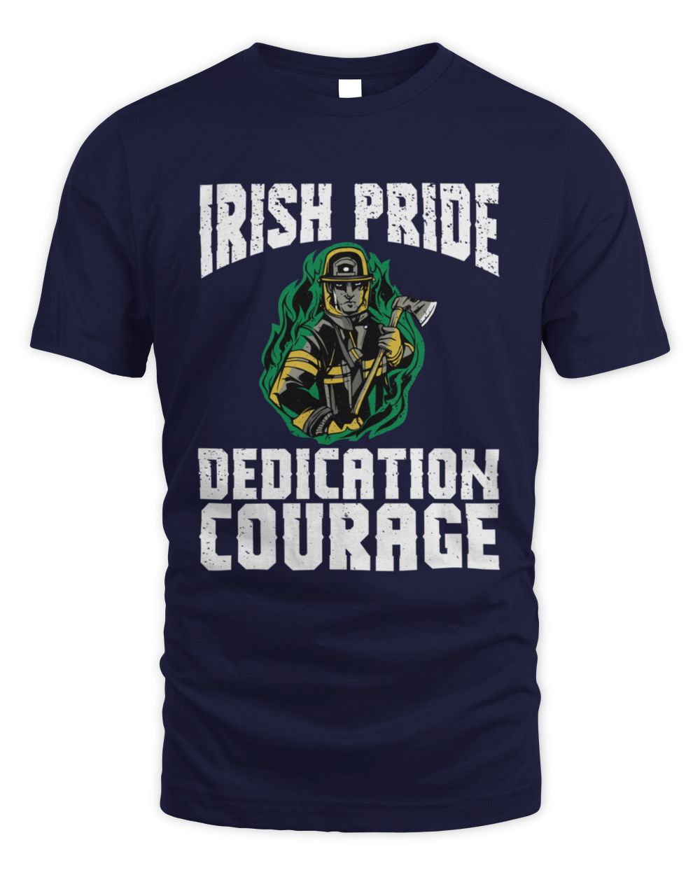 Navy crewneck T-shirt with Irish Pride Dedication Courage graphic and mascot logo
