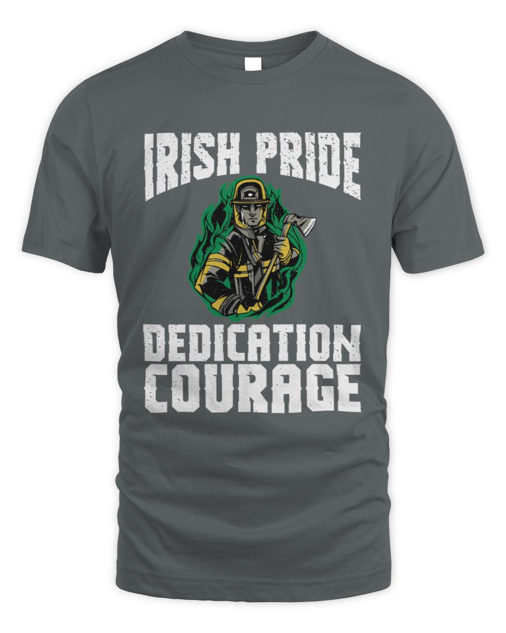 Charcoal crewneck T-shirt with Irish Pride Dedication Courage graphic and mascot logo