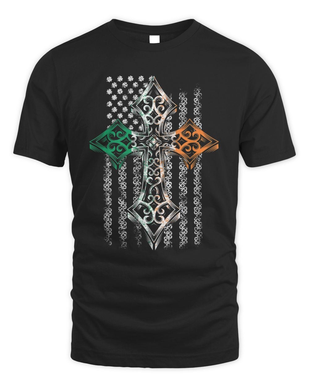 Black t-shirt with Celtic cross graphic in green, orange, and white