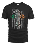 Black t-shirt with Celtic cross graphic in green, orange, and white