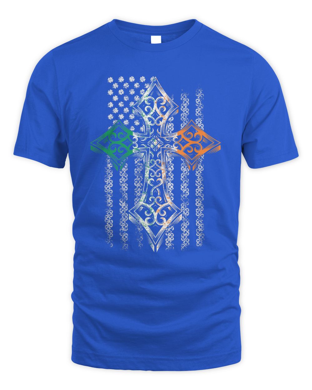 Royal blue t-shirt with Celtic cross graphic in green, orange, and white