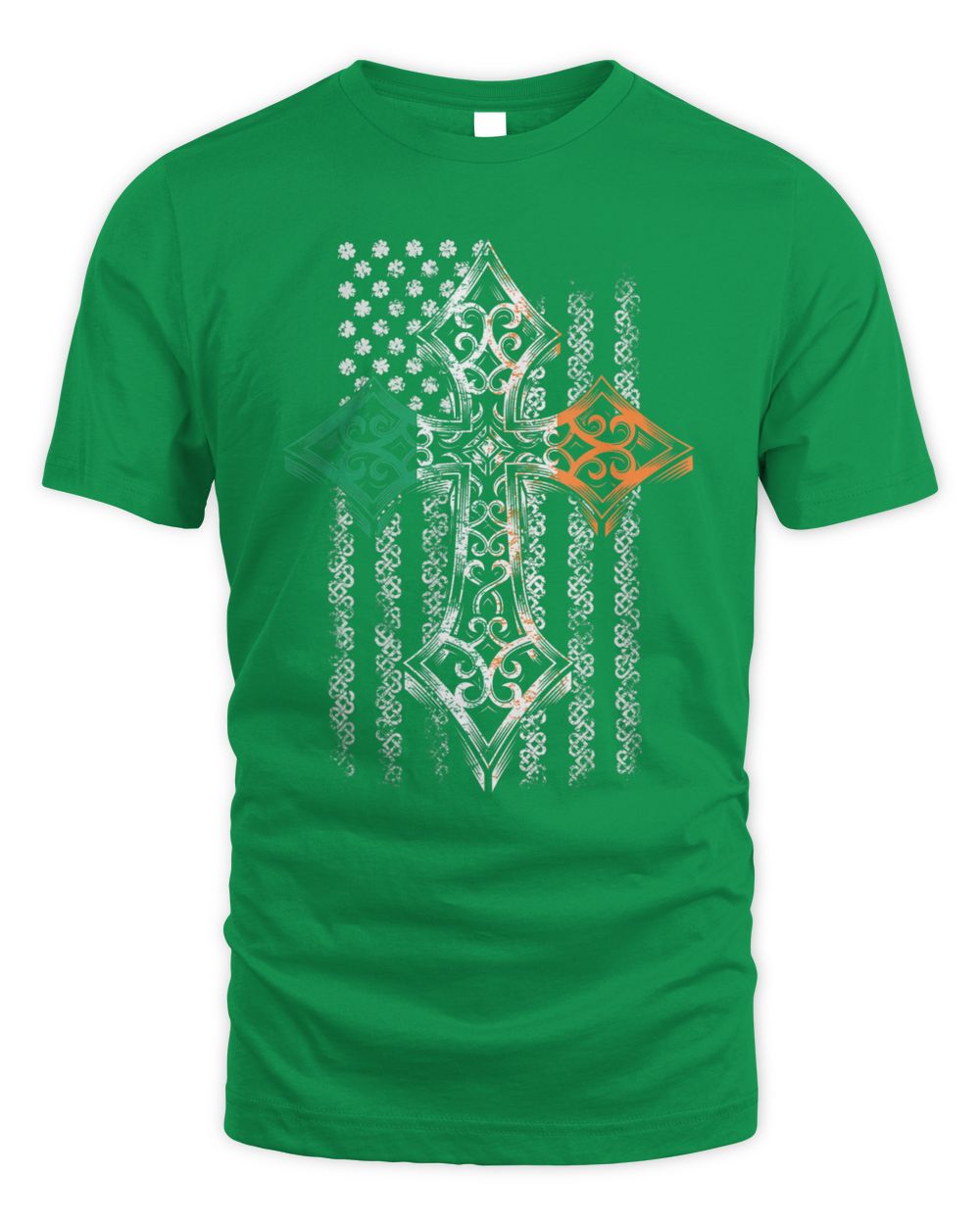 Green t-shirt with Celtic cross graphic in white, orange, and yellow-green