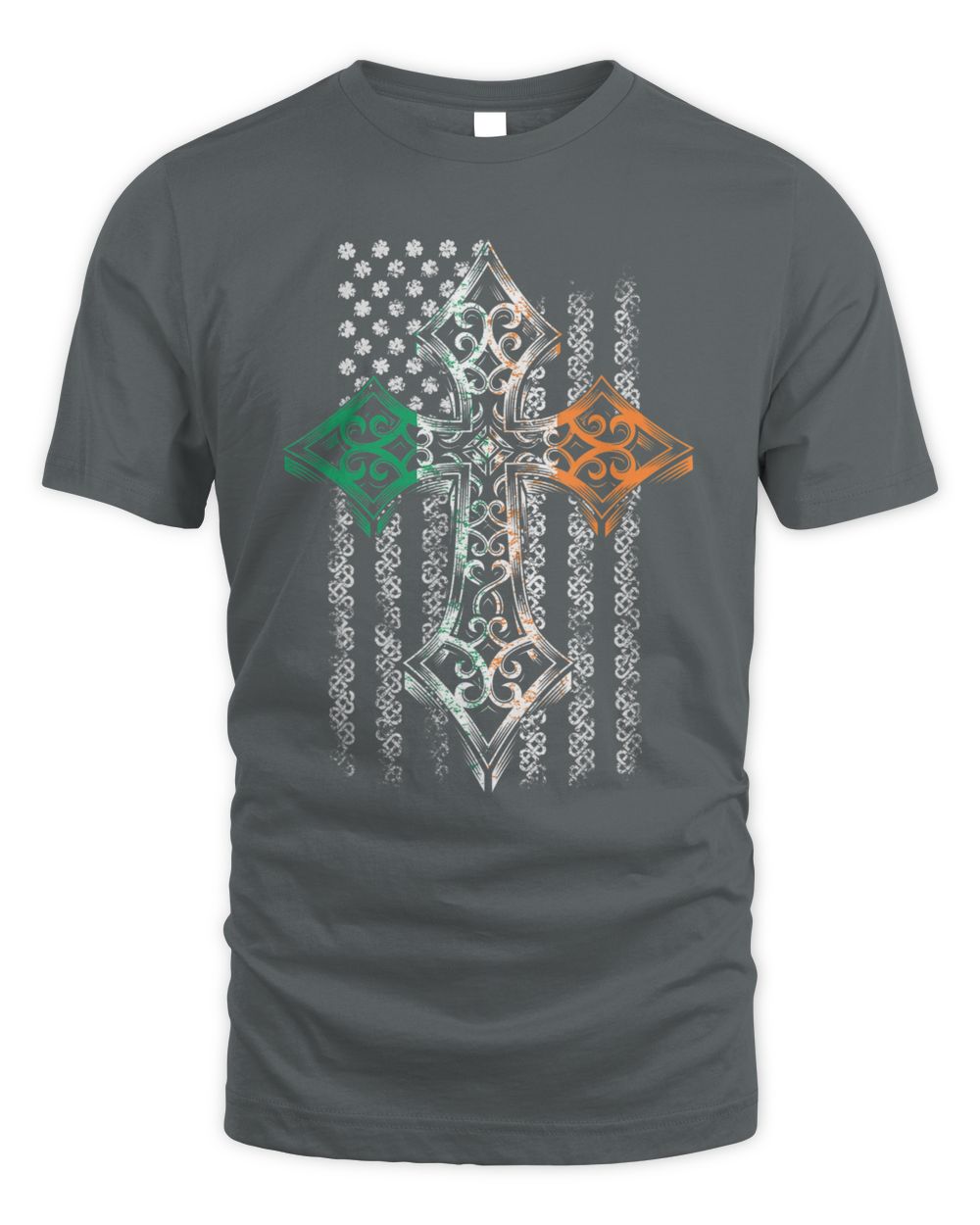 Charcoal gray t-shirt with Celtic cross graphic in green, orange, and white