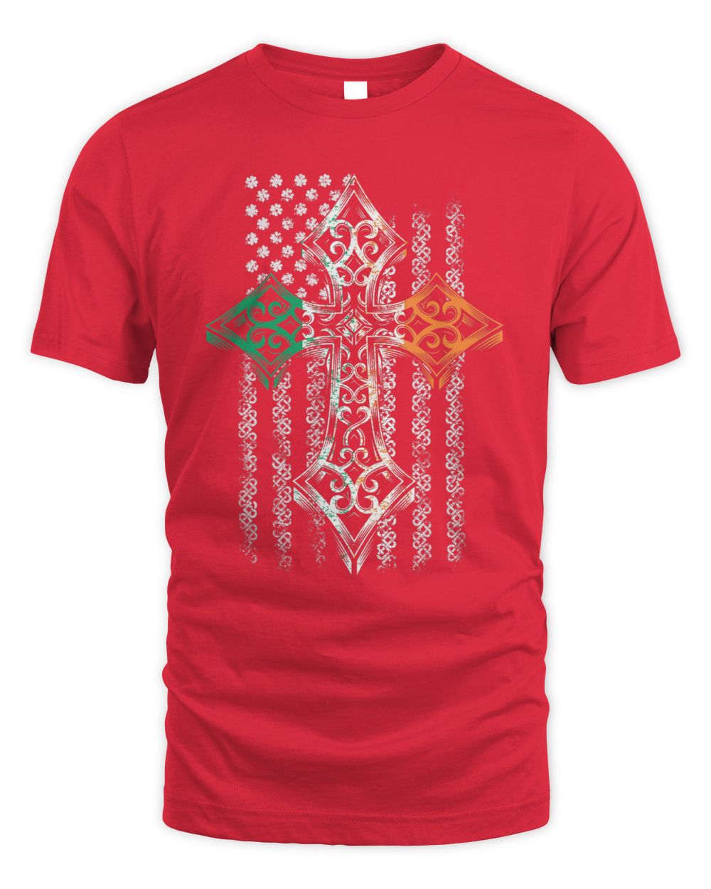 Red t-shirt with Celtic cross graphic in green, orange, and white