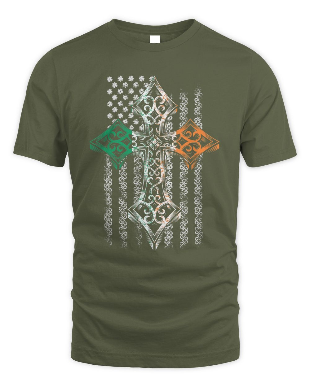 Dark olive t-shirt with Celtic cross graphic in green, orange, and white