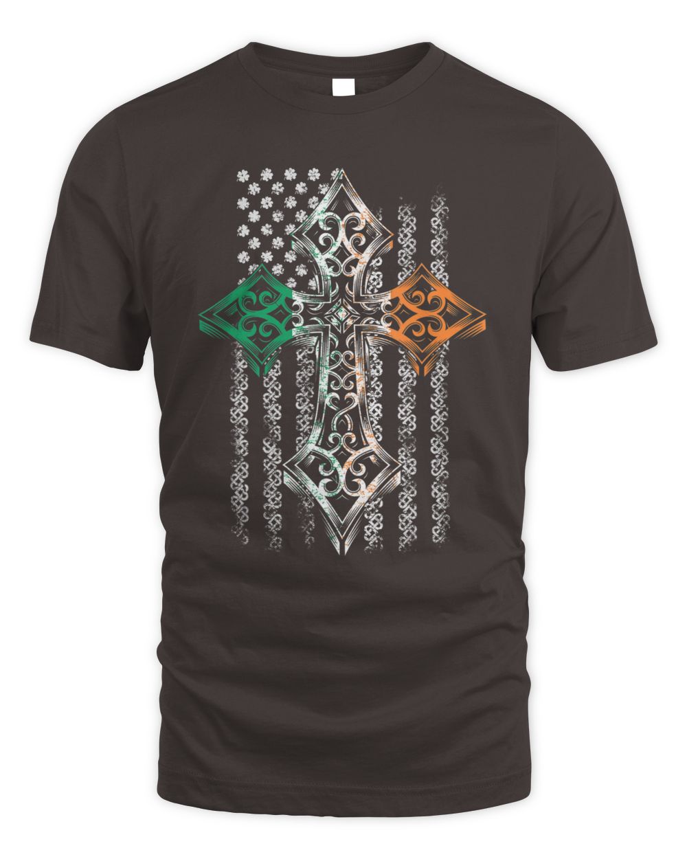 Dark chocolate brown t-shirt with Celtic cross graphic in green, orange, and white