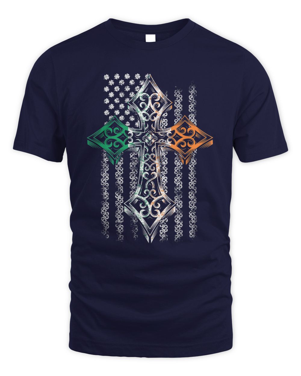 Navy t-shirt with Celtic cross graphic in green, orange, and white