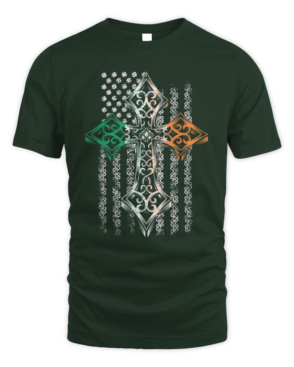 Forest green t-shirt with Celtic cross graphic in green, orange, and white