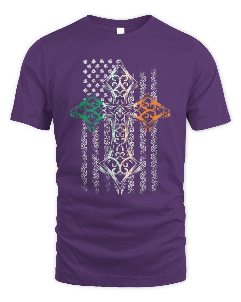 Purple t-shirt with Celtic cross graphic in green, orange, and white