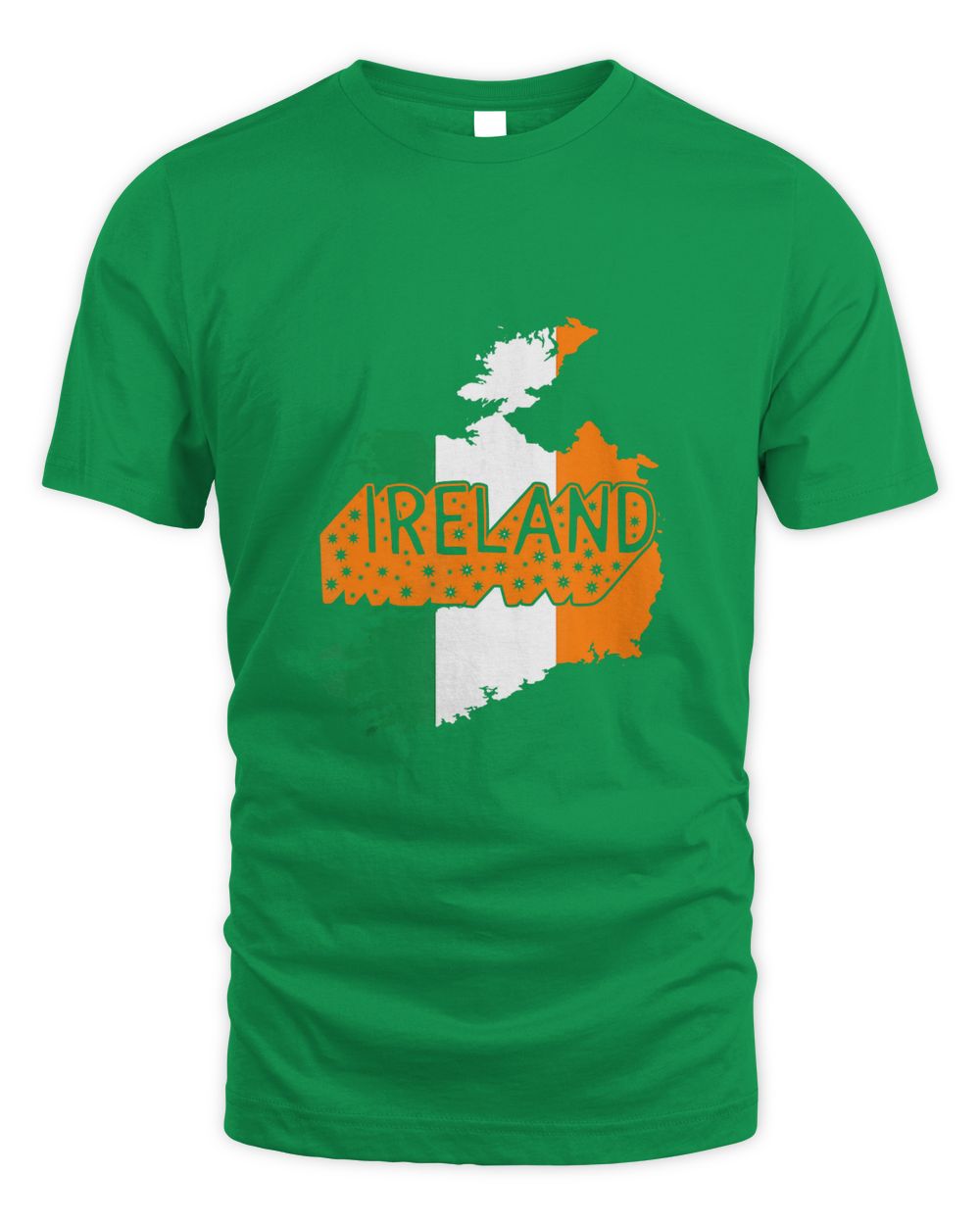 Green T-shirt with Ireland graphic and tricolor map print on the front