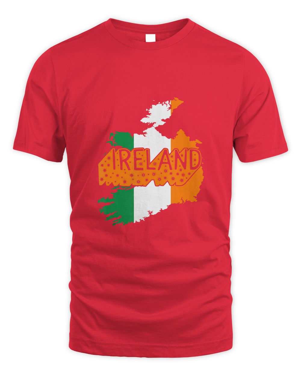 Red T-shirt with Ireland graphic and tricolor map print on the front