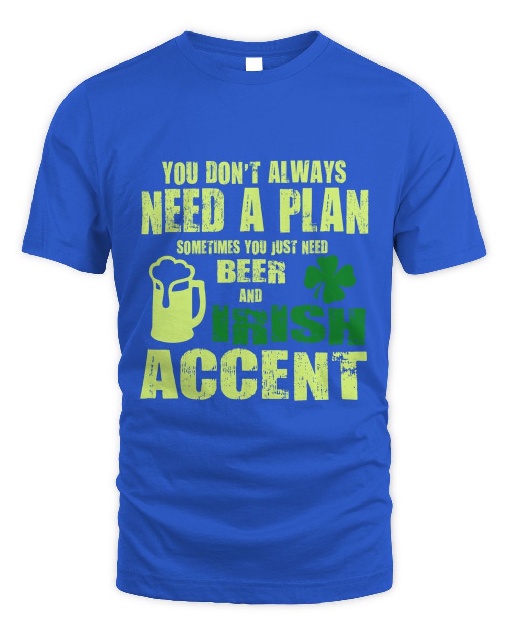 Royal blue graphic crewneck T-shirt with neon green “Irish accent” text and shamrock