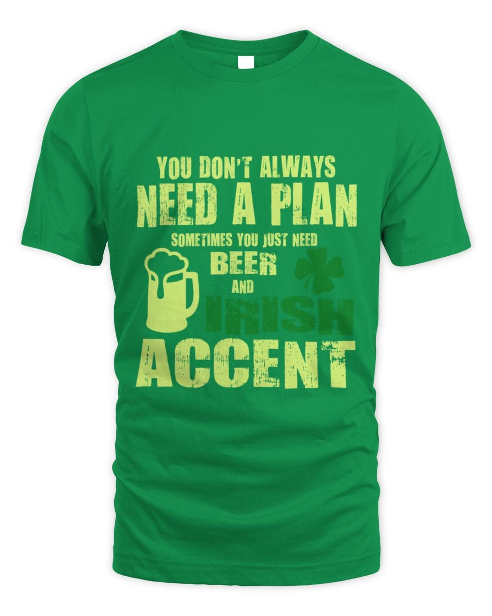 Irish green graphic crewneck T-shirt with neon green “Irish accent” text and shamrock