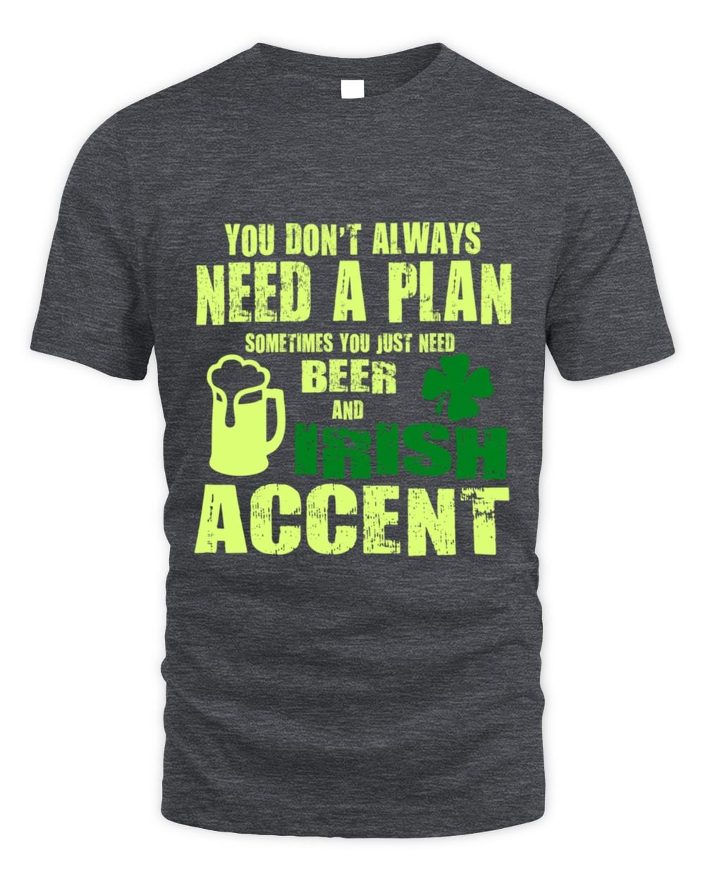 Dark heather gray graphic crewneck T-shirt with neon green “Irish accent” text and shamrock