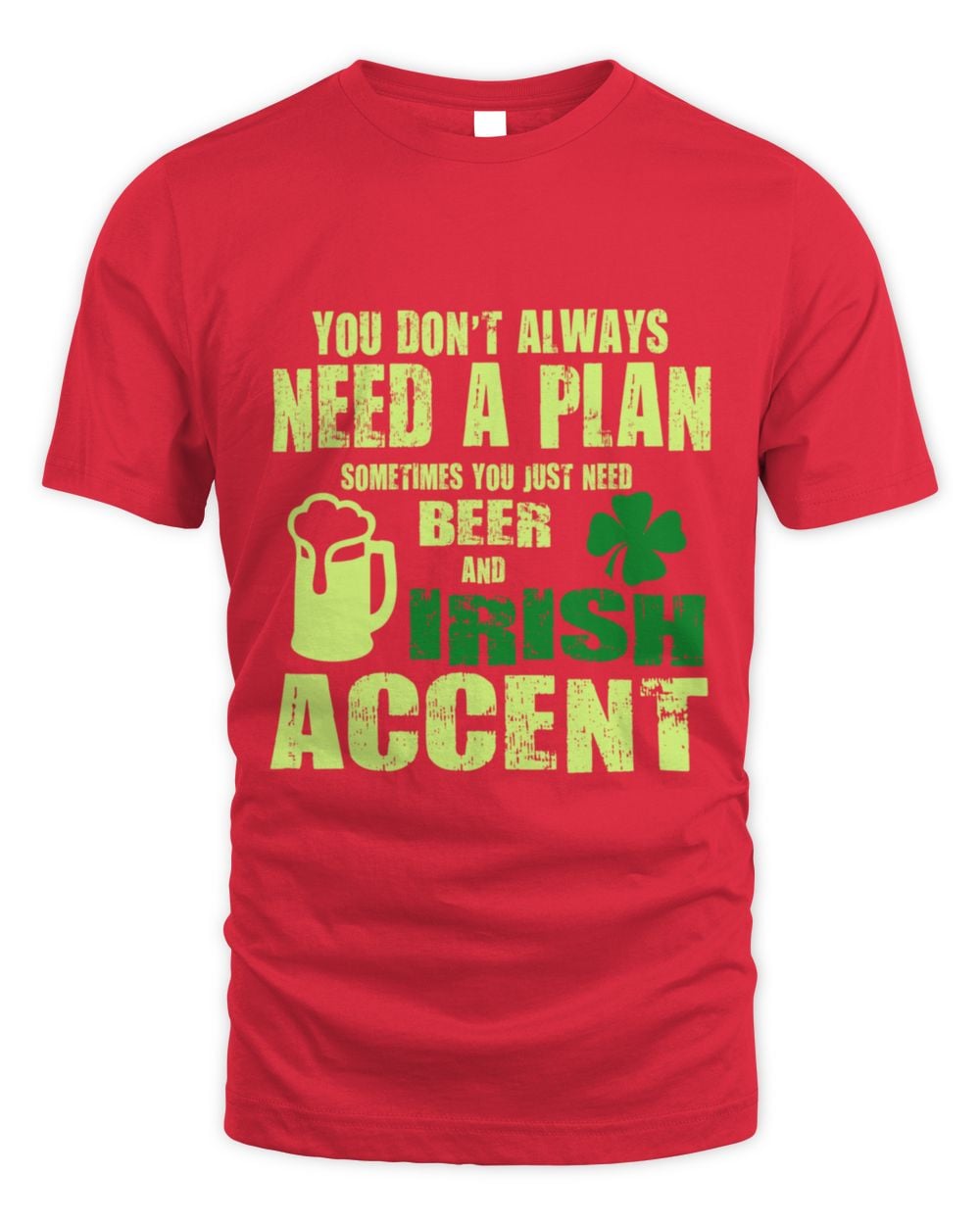 Red graphic crewneck T-shirt with neon green “Irish accent” text and shamrock