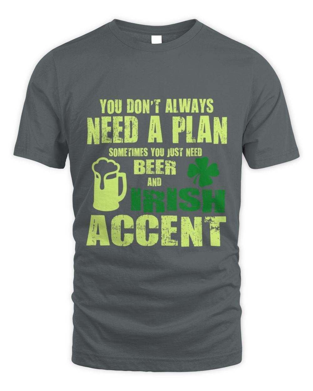Charcoal graphic crewneck T-shirt with neon green “Irish accent” text and shamrock