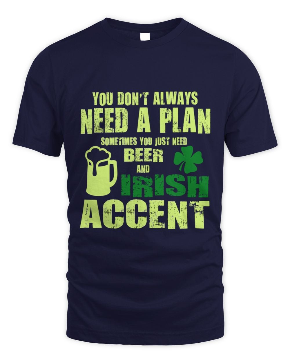 Navy graphic crewneck T-shirt with neon green “Irish accent” text and shamrock