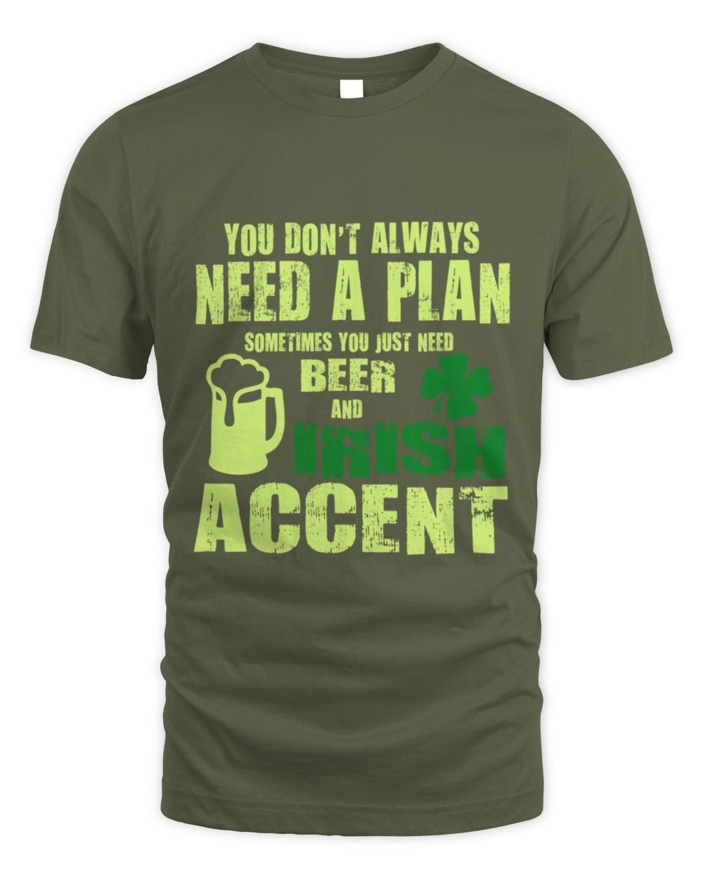Military green graphic crewneck T-shirt with neon green “Irish accent” text and shamrock