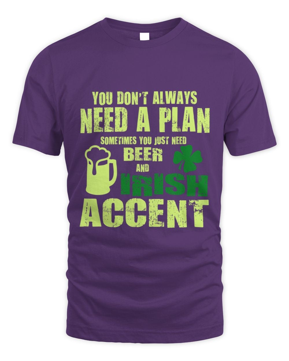 Purple graphic crewneck T-shirt with neon green “Irish accent” text and shamrock
