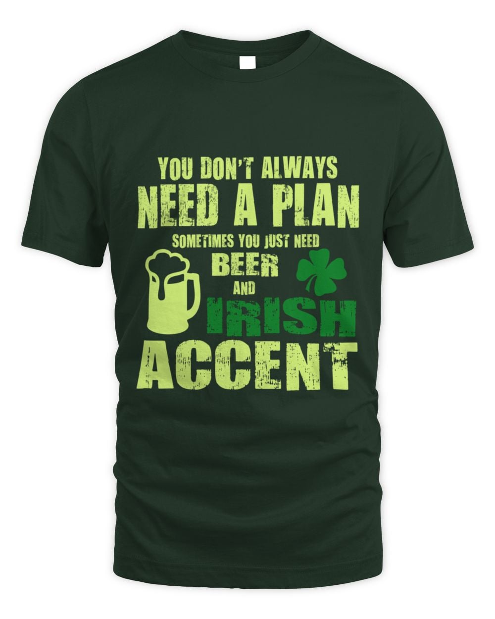 Forest green graphic crewneck T-shirt with neon green “Irish accent” text and shamrock