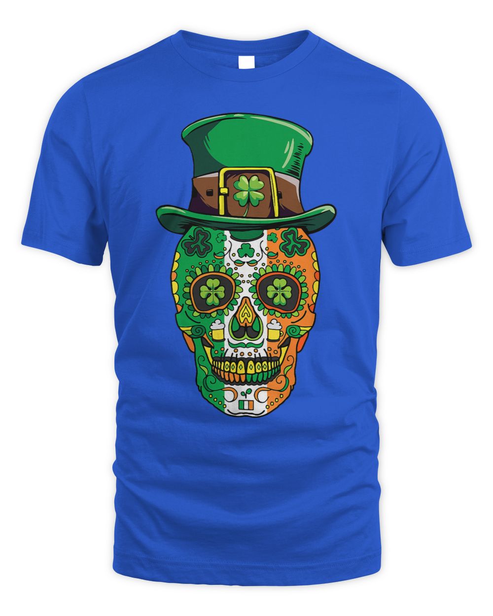 Royal blue T-shirt with colorful sugar skull wearing a green leprechaun hat graphic