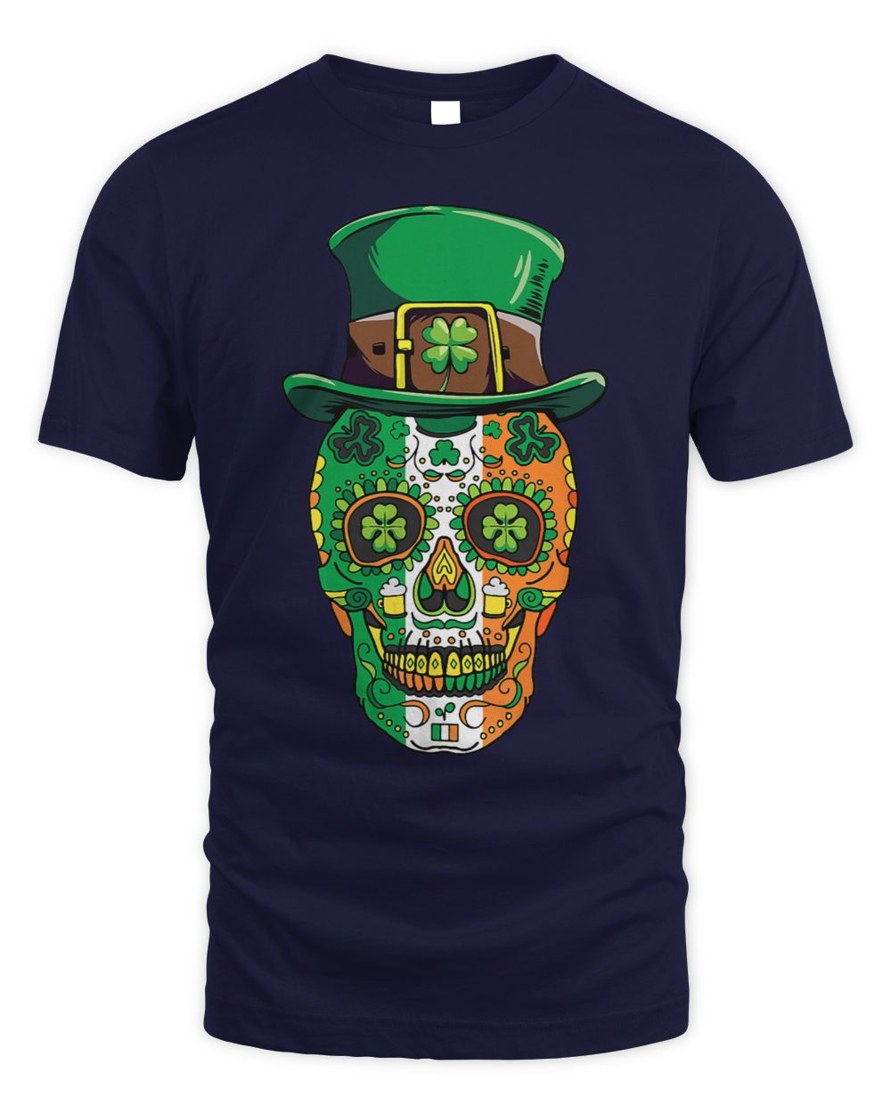 Navy T-shirt with colorful sugar skull wearing a green leprechaun hat graphic