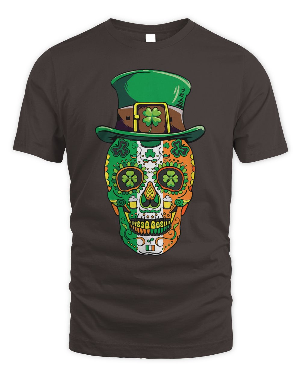Dark chocolate T-shirt with colorful sugar skull wearing a green leprechaun hat graphic