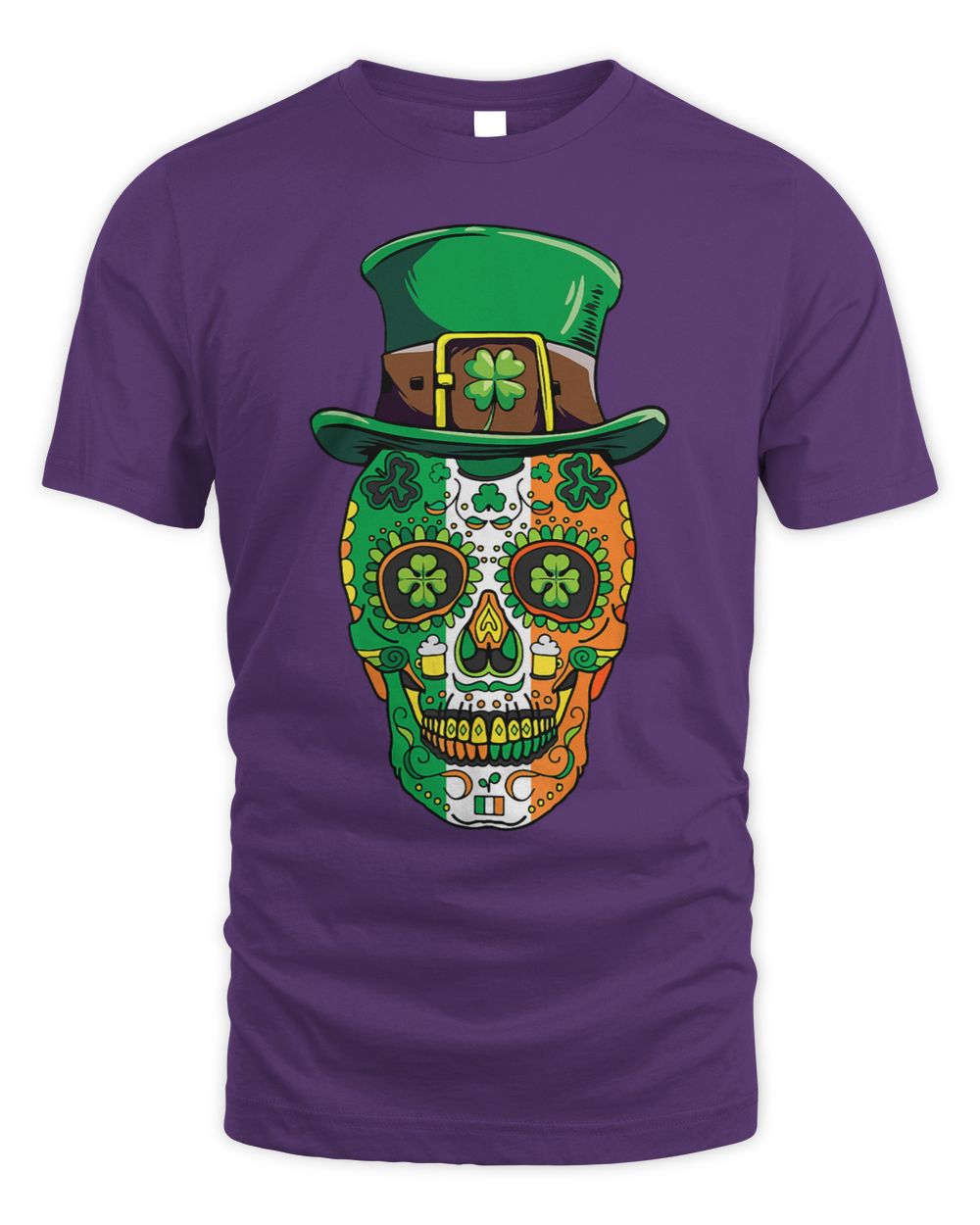 Purple T-shirt with colorful sugar skull wearing a green leprechaun hat graphic