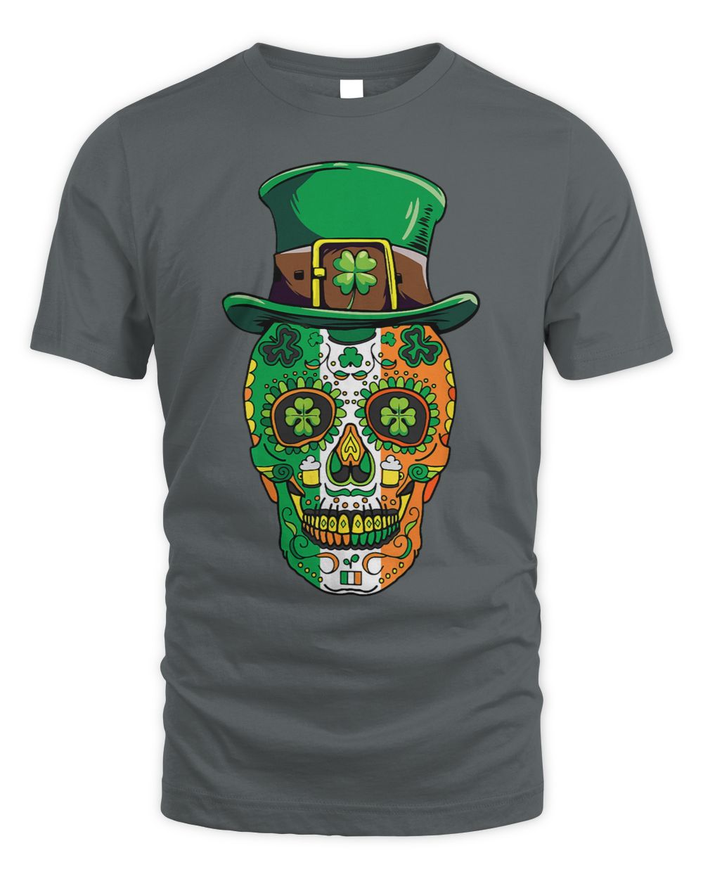 Charcoal gray T-shirt with colorful sugar skull wearing a green leprechaun hat graphic