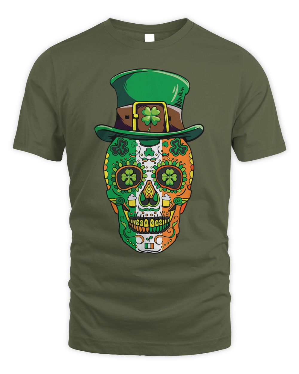 Military green T-shirt with colorful sugar skull wearing a green leprechaun hat graphic