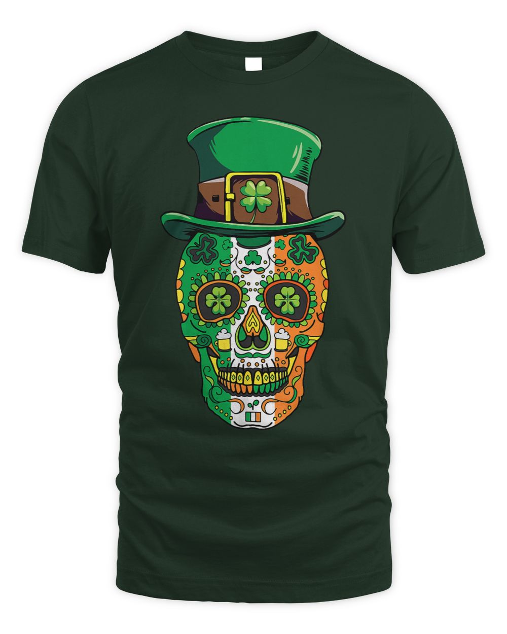 Forest green T-shirt with colorful sugar skull wearing a green leprechaun hat graphic