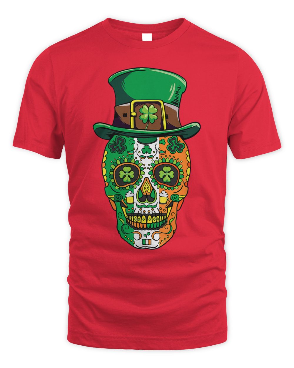 Red T-shirt with colorful sugar skull wearing a green leprechaun hat graphic