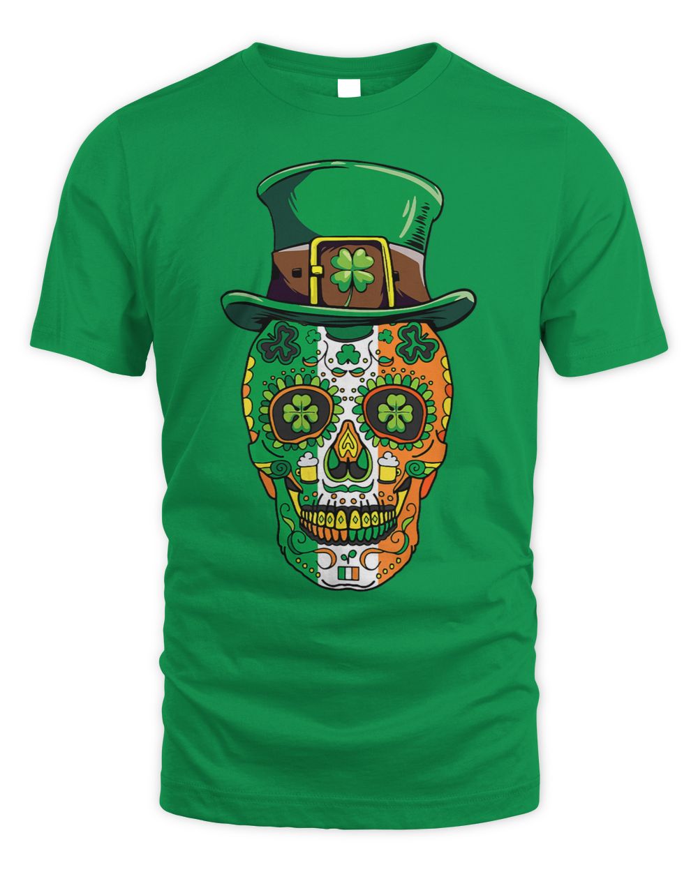 Irish green T-shirt with colorful sugar skull wearing a green leprechaun hat graphic