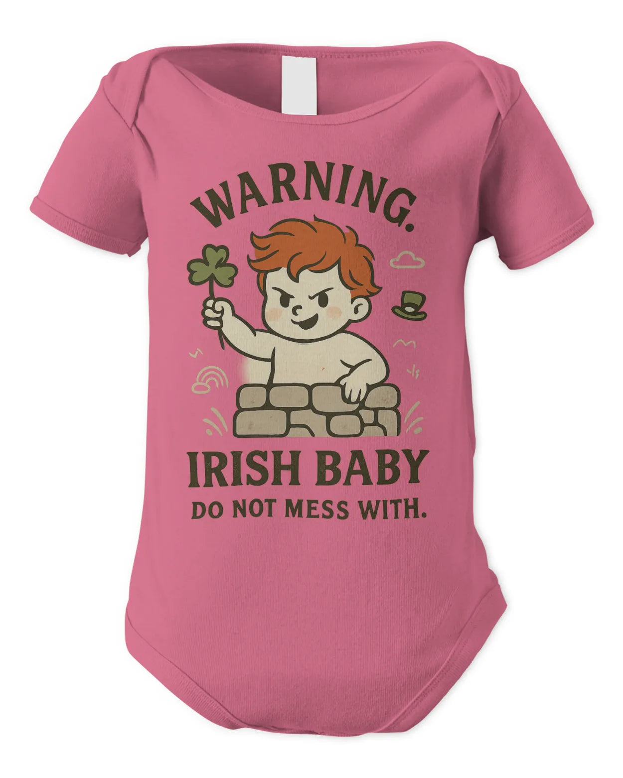 Pink baby bodysuit with cartoon warning text and leprechaun illustration