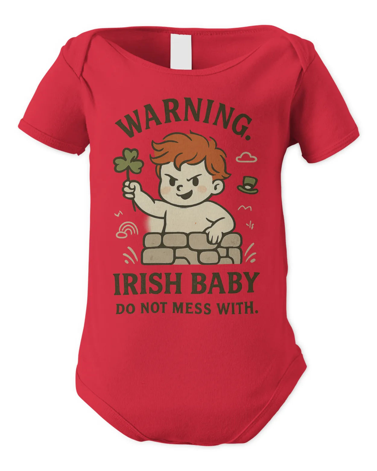 Red baby bodysuit with cartoon warning text and leprechaun illustration