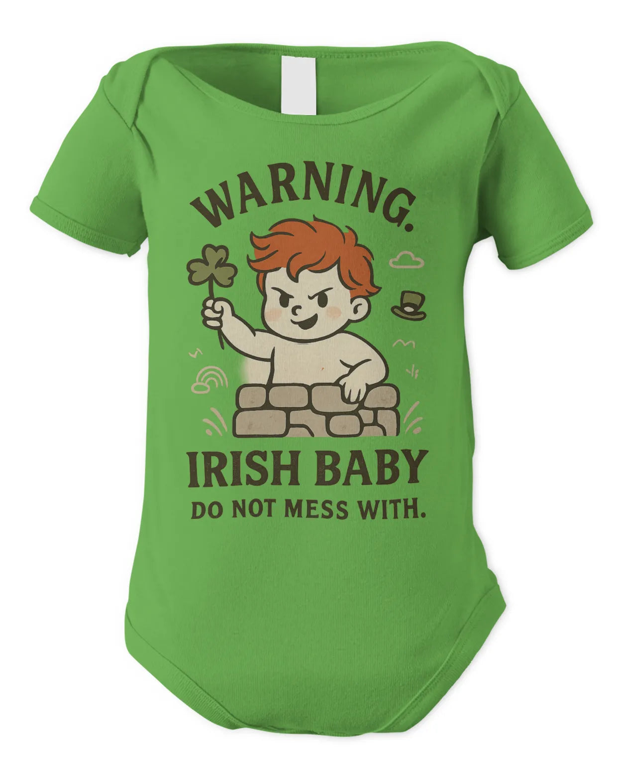 Green baby bodysuit with cartoon warning text and leprechaun illustration