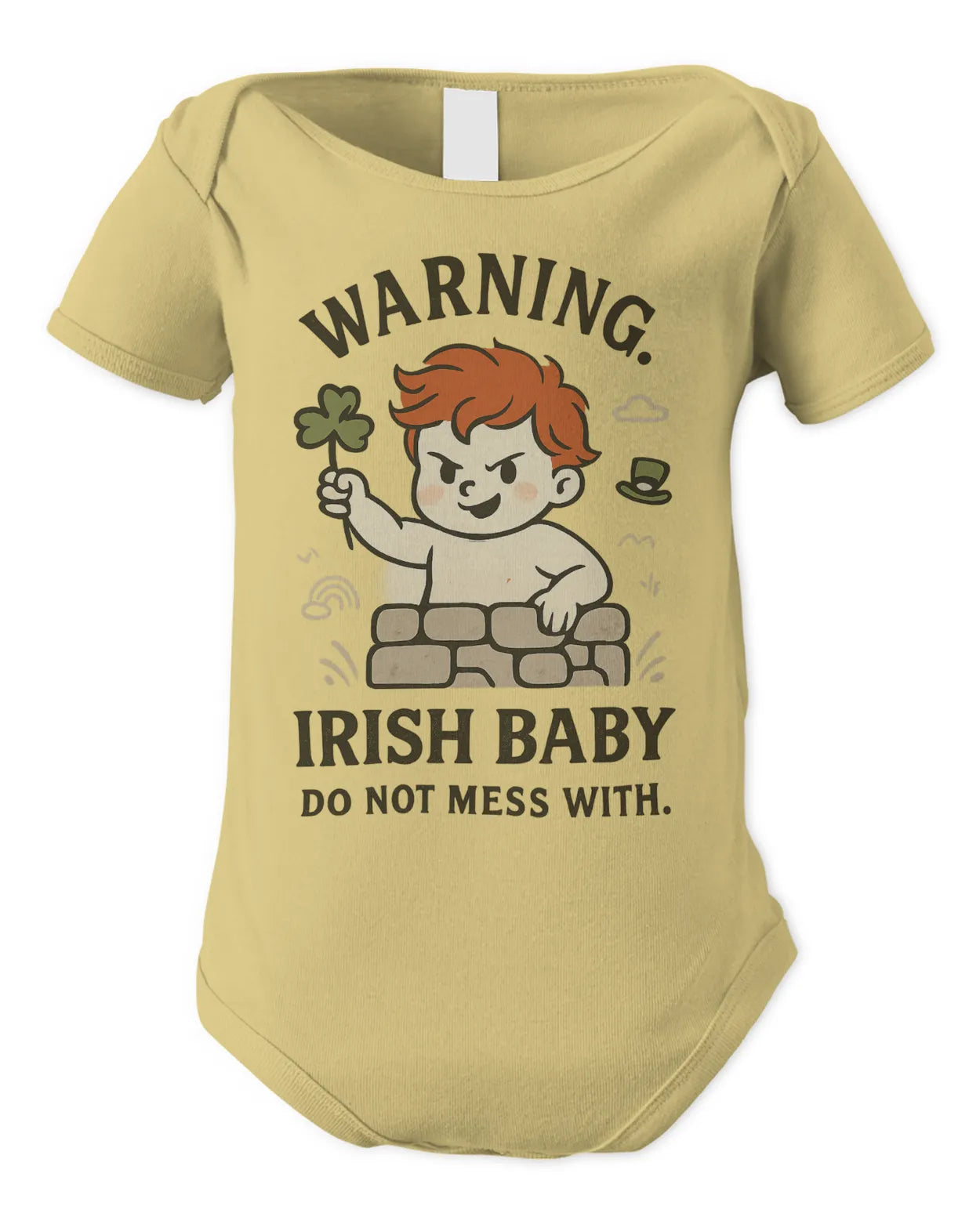 Butter yellow baby bodysuit with cartoon warning text and leprechaun illustration