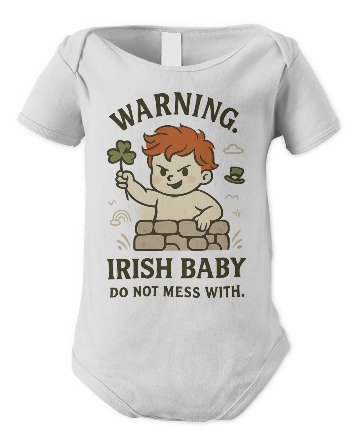 White baby bodysuit with cartoon warning text and leprechaun illustration