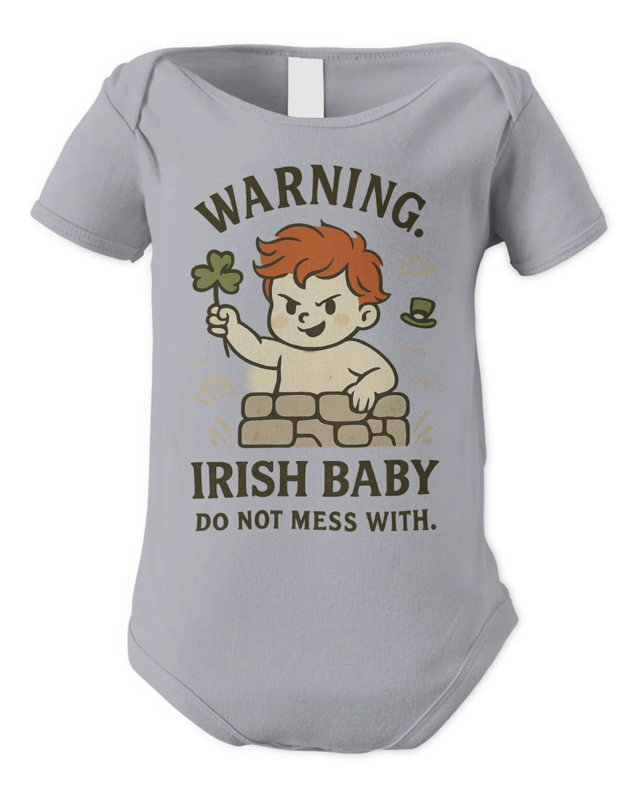 Light gray baby bodysuit with cartoon warning text and leprechaun illustration