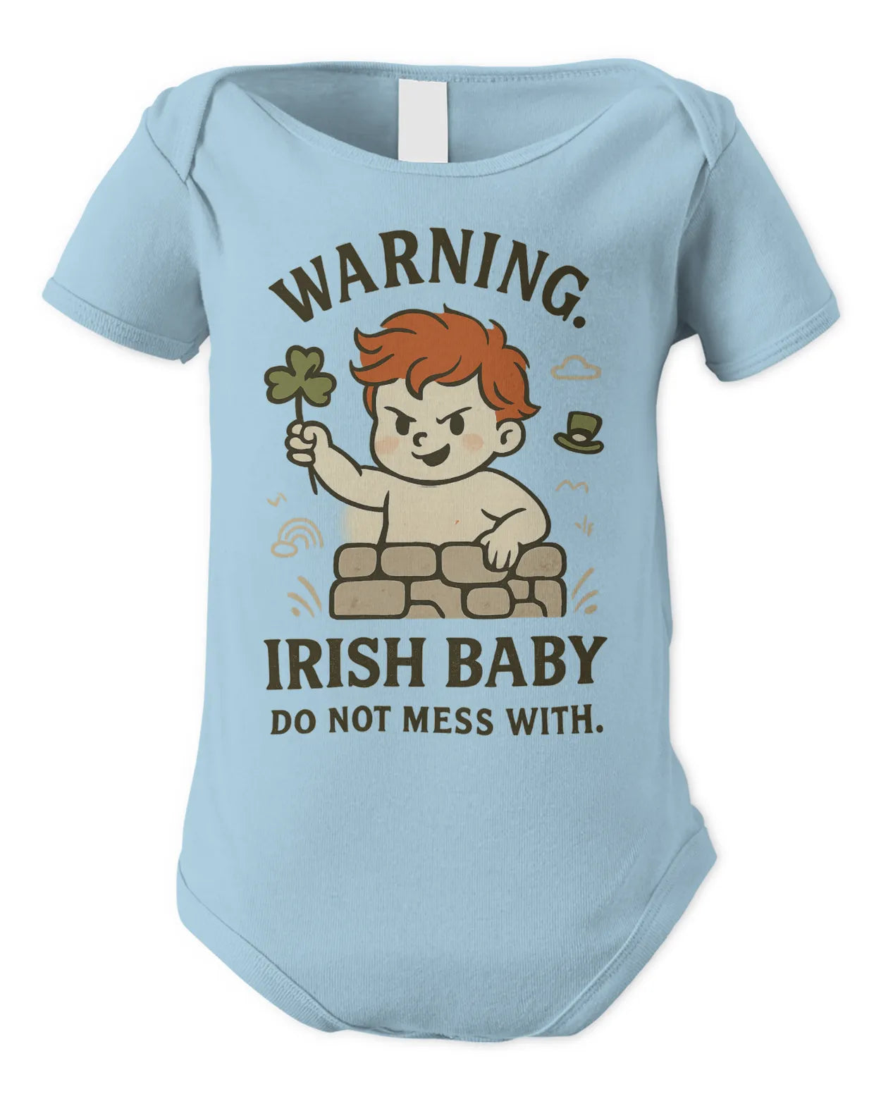 Light blue baby bodysuit with cartoon warning text and leprechaun illustration